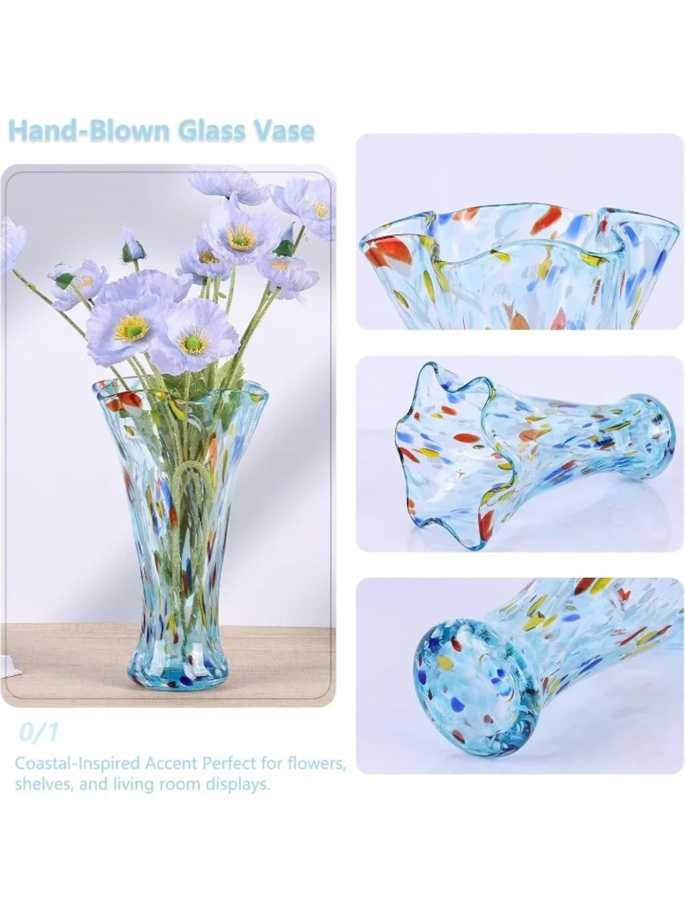 9.0 Aqua Blue Glass Vases Flower Bouquet Unique Hand Blown Wide Mouth Shelf Deco